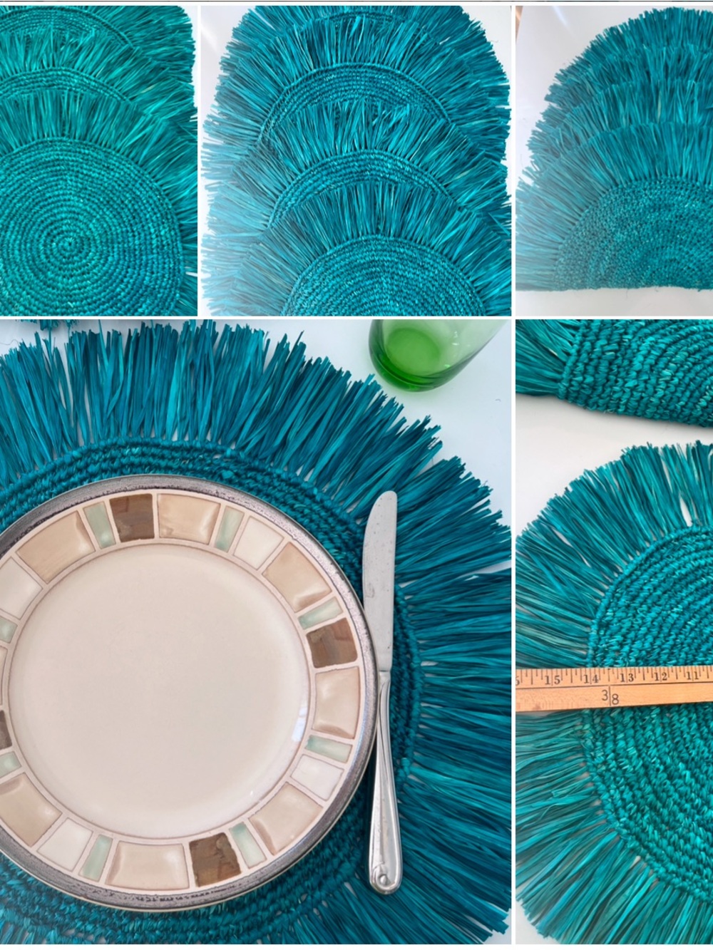 Set of 4 Turquoise Raffia Fringe Placemats Boho Coastal Tropical Table Decor